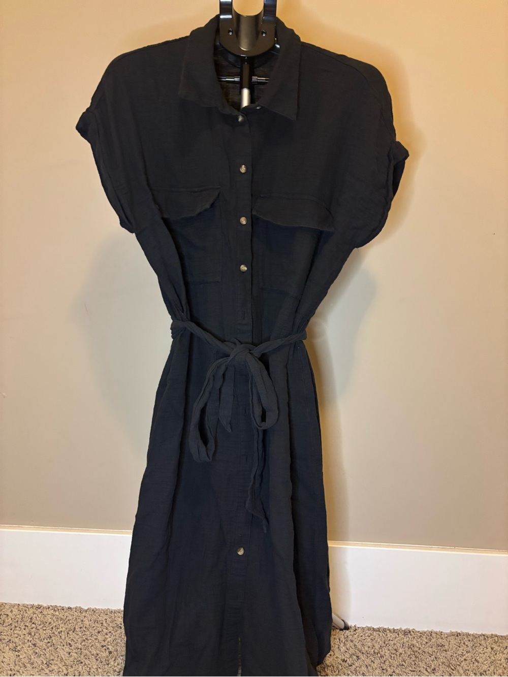 H&M Women’s M Black Utility Shirt Dress Tie Waist Short Sleeve Midi